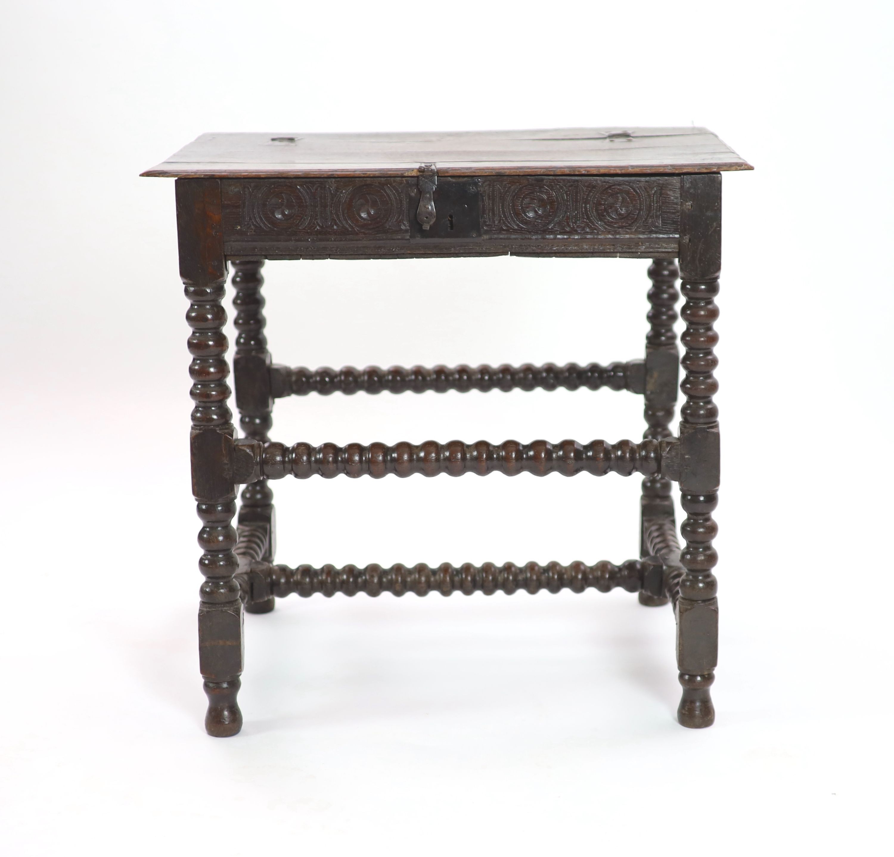 A Charles I joined oak box top table W 75cm. D 55cm. H 72cm.